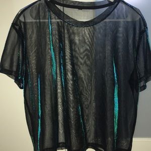 Shiny sheer mesh see-through blue & green crop top